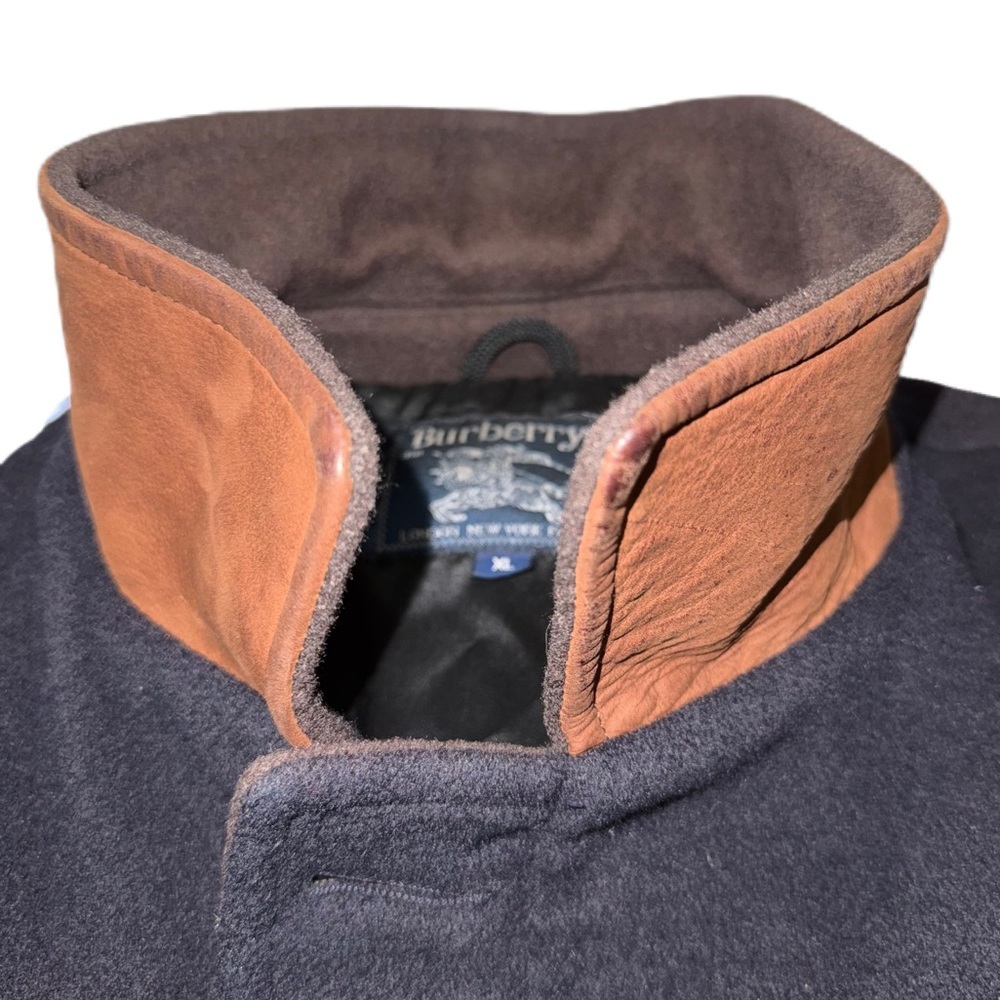 Burberry XL Navy Blue Wool Coat & Leather Collar Overcoat Vintage - Picture 4 of 13
